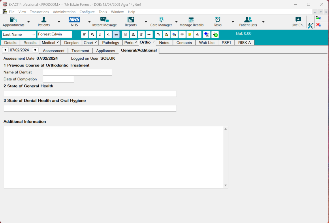Image of the general/additional tab within the Orthodontic tab in EXACT